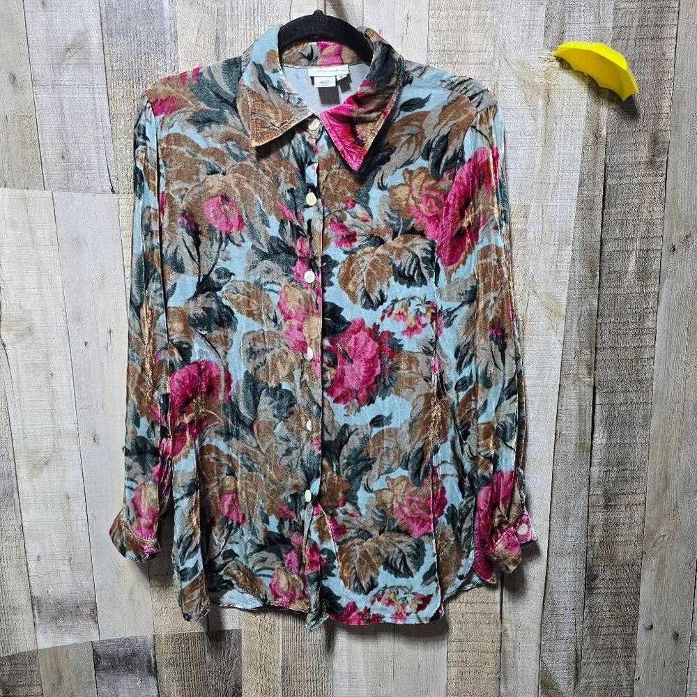 Soft Surroundings Button Down Velvet Velour Blouse Silk Blend Boho Spring Bright